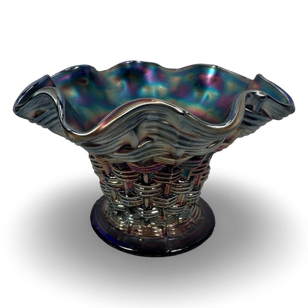 Dugan Big Basketweave Cobalt Carnival Glass Vase Persian‎ Garden Fruit Bowl Base